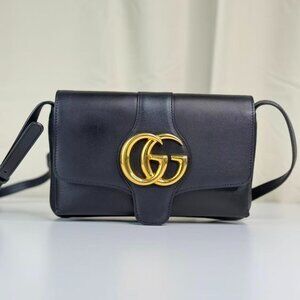 Gucci GG Logo Black Leather Crossbody Bag with Gold Hardware